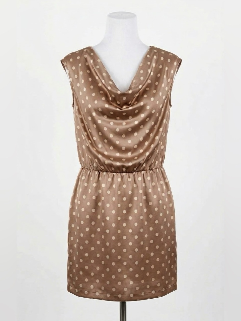 Robert Rodriguez 100% Silk Polka Dot Draped Cowl Neck Mini Dress Mocha/Cream